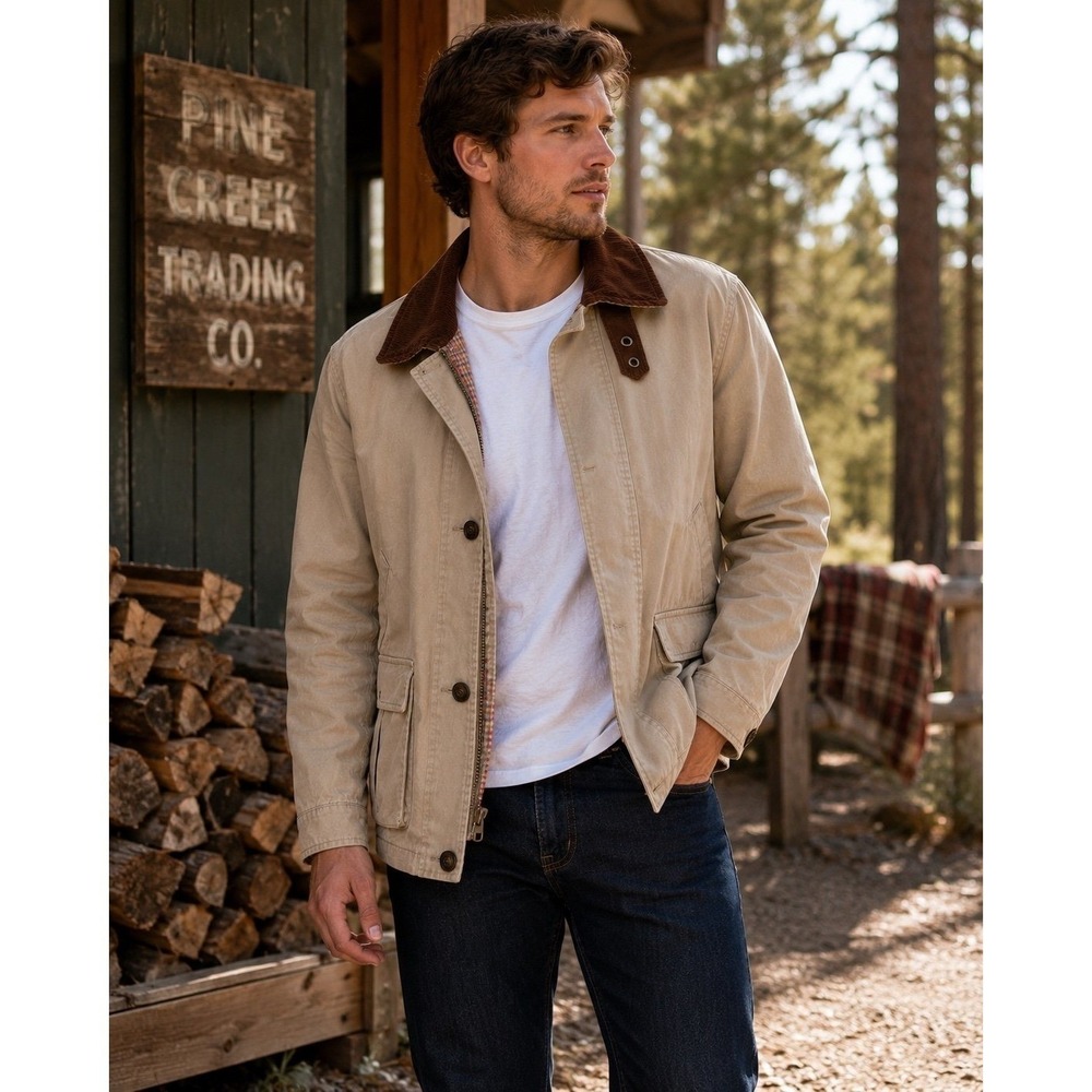 Westbound Utility Men's‎ Jacket Tan Brown Corduroy Collar Plaid Lined Cotton M